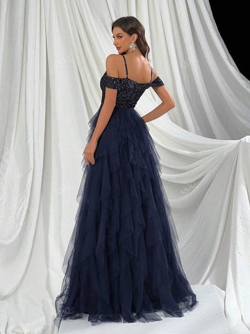 Women's Luxury Sapphire Blue Off Shoulder Patchwork Sequin & Mesh Hem Party Dress