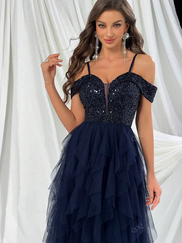 Women's Luxury Sapphire Blue Off Shoulder Patchwork Sequin & Mesh Hem Party Dress