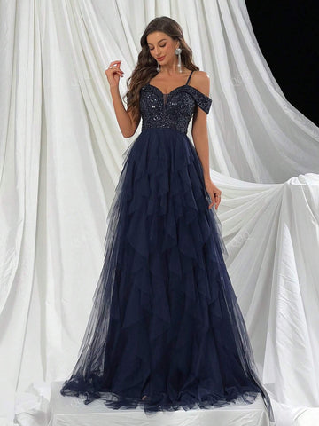 Women's Luxury Sapphire Blue Off Shoulder Patchwork Sequin & Mesh Hem Party Dress