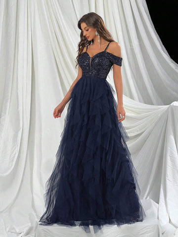 Women's Luxury Sapphire Blue Off Shoulder Patchwork Sequin & Mesh Hem Party Dress