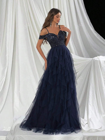 Women's Luxury Sapphire Blue Off Shoulder Patchwork Sequin & Mesh Hem Party Dress