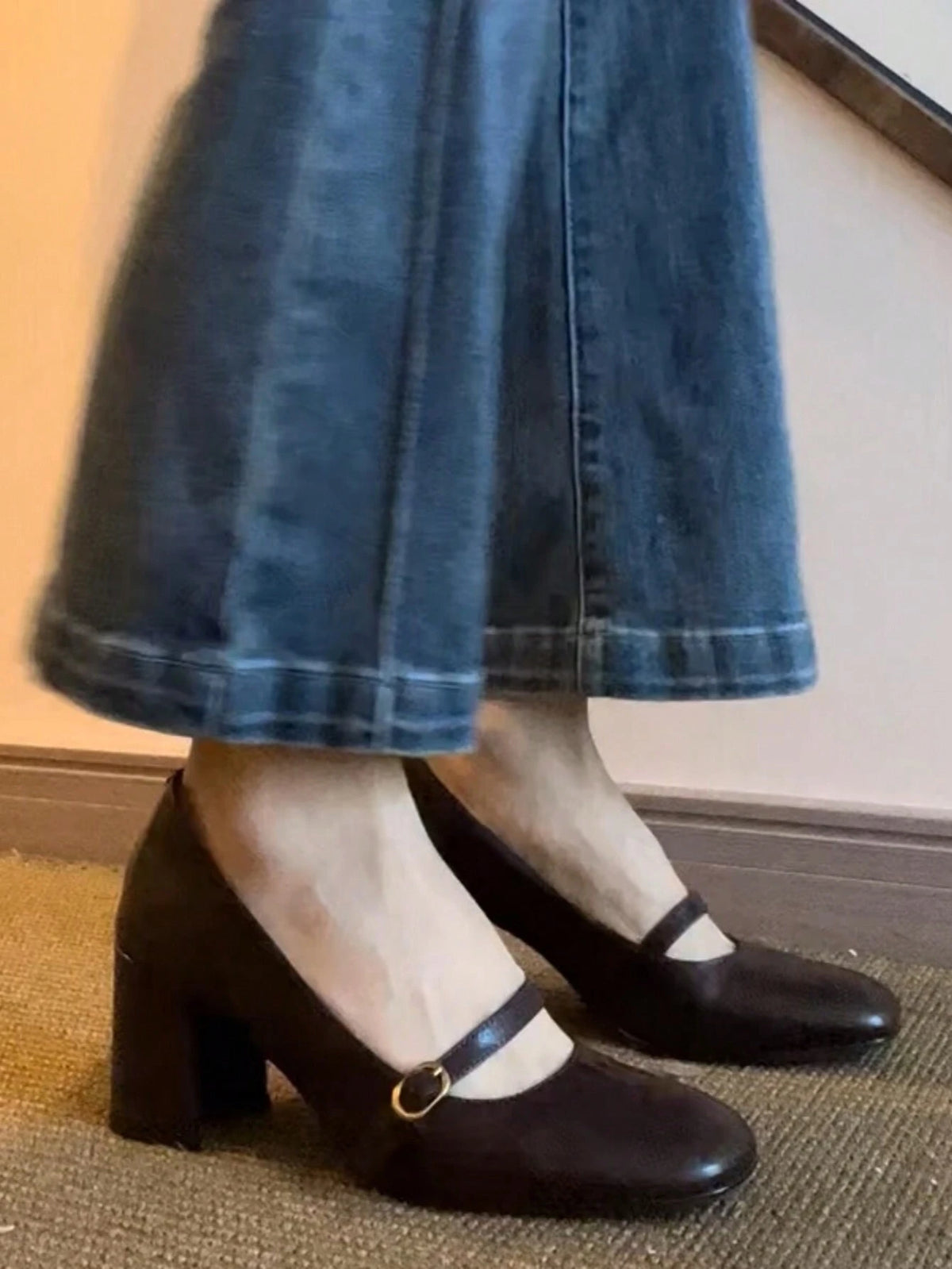 Women's Mary Jane Pumps, Thick Heel Square Toe Black Leather Slip-On Shallow Casual Shoes, Spring & Autumn