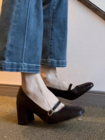 Women's Mary Jane Pumps, Thick Heel Square Toe Black Leather Slip-On Shallow Casual Shoes, Spring & Autumn