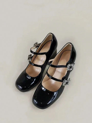 Women's Mary Jane Shoes 2024 New High Heel Shoes, Square Buckle Rhinestone Versatile Slim Chunky Heel