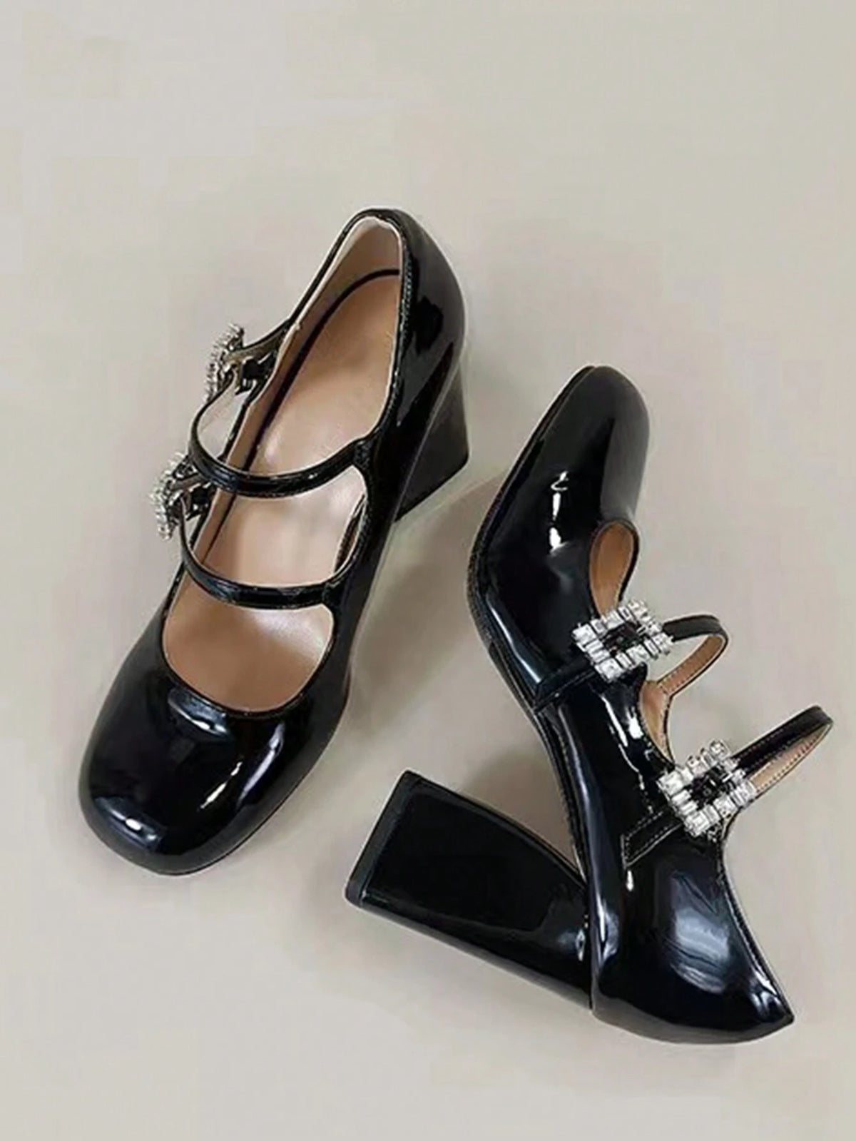Women's Mary Jane Shoes 2024 New High Heel Shoes, Square Buckle Rhinestone Versatile Slim Chunky Heel