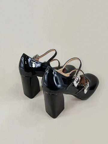 Women's Mary Jane Shoes 2024 New High Heel Shoes, Square Buckle Rhinestone Versatile Slim Chunky Heel