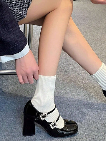 Women's Mary Jane Shoes 2024 New High Heel Shoes, Square Buckle Rhinestone Versatile Slim Chunky Heel