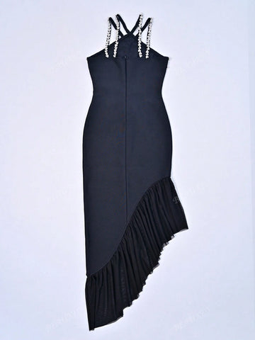 Women's Mesh Diamond Shoulder Strap Dress Crossed Black Elegant Banquet Bandage Dress