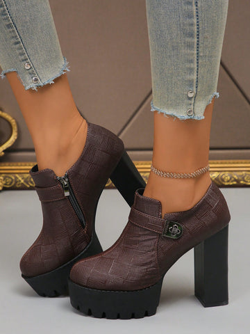 Women's Metal Buckle High Heel Pumps, Side Zipper Design, Flattering & Slimming, Suitable