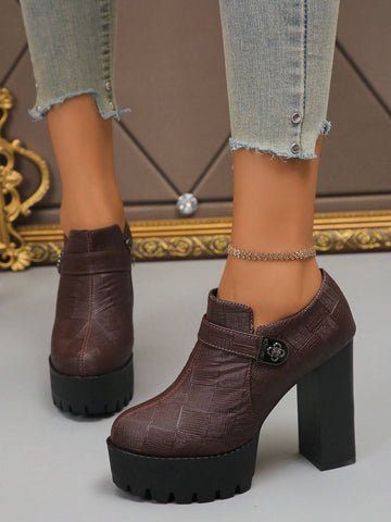 Women's Metal Buckle High Heel Pumps, Side Zipper Design, Flattering & Slimming, Suitable