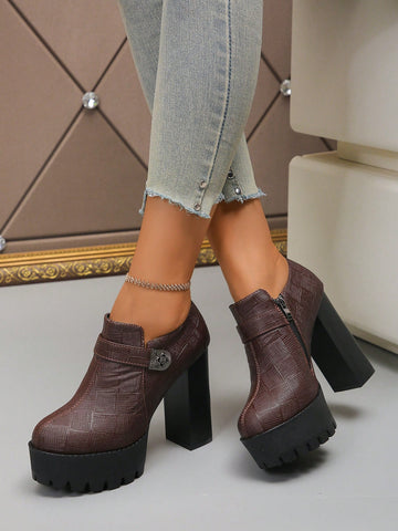 Women's Metal Buckle High Heel Pumps, Side Zipper Design, Flattering & Slimming, Suitable