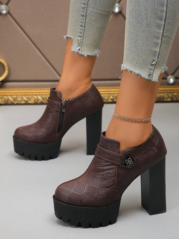 Women's Metal Buckle High Heel Pumps, Side Zipper Design, Flattering & Slimming, Suitable