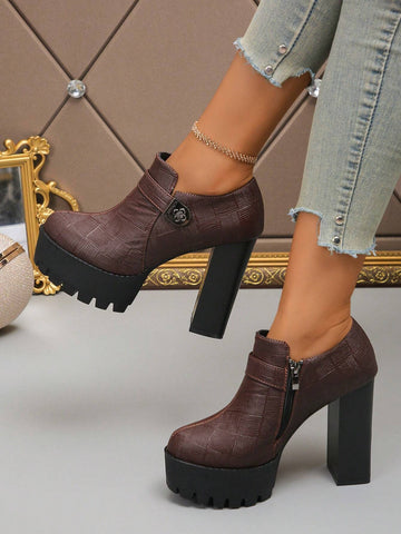 Women's Metal Buckle High Heel Pumps, Side Zipper Design, Flattering & Slimming, Suitable