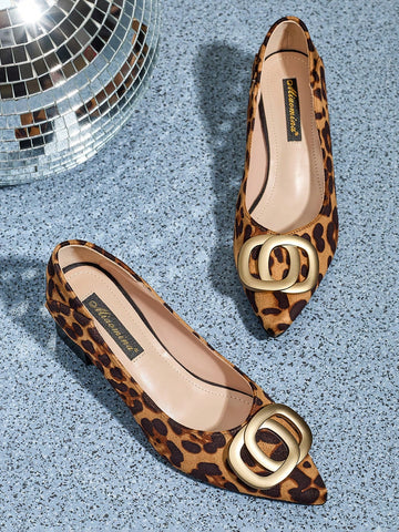 Women's Metal Decor Leopard Print High Heels Pumps, Versatile And Stylish, Chunky Heel Comfortable Slip-On