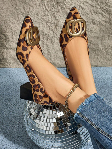 Women's Metal Decor Leopard Print High Heels Pumps, Versatile And Stylish, Chunky Heel Comfortable Slip-On