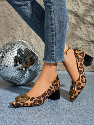 Women's Metal Decor Leopard Print High Heels Pumps, Versatile And Stylish, Chunky Heel Comfortable Slip-On