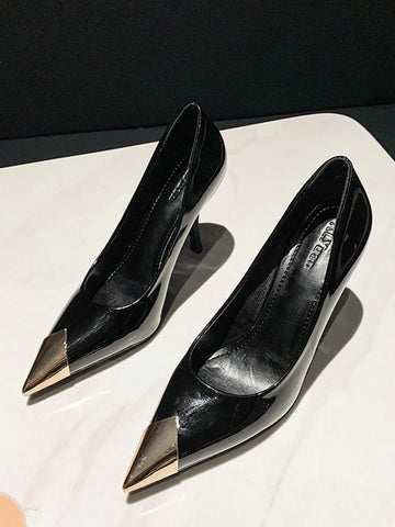 Women's Metal Pointed Toe Backstrap Stilettos, Elegant Slim High Heel Pumps, One-Strap Closed Toe High Heels