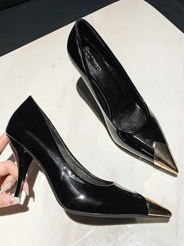 Women's Metal Pointed Toe Backstrap Stilettos, Elegant Slim High Heel Pumps, One-Strap Closed Toe High Heels