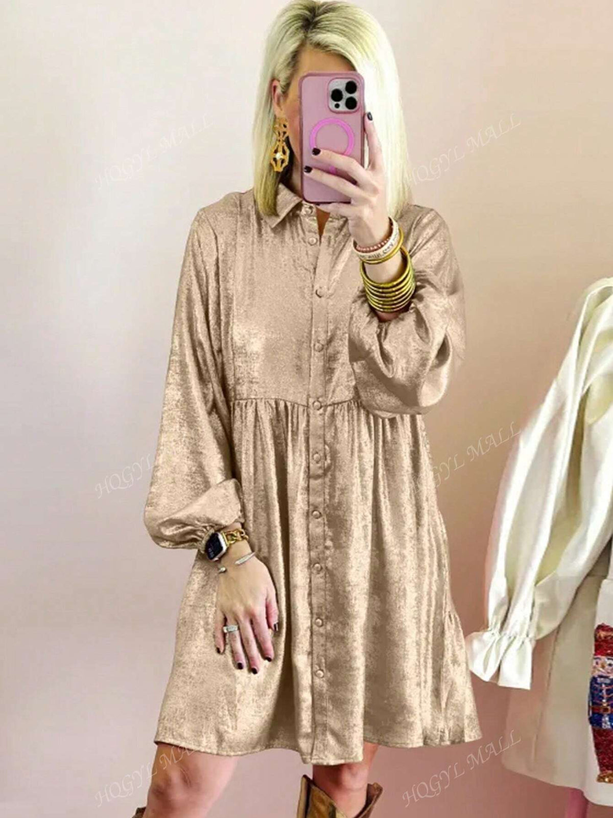 Women's Metallic Puff Sleeve Button Mini Shirt Dress