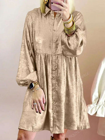 Women's Metallic Puff Sleeve Button Mini Shirt Dress