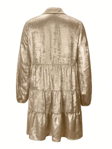 Women's Metallic Puff Sleeve Button Mini Shirt Dress