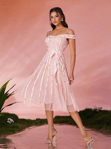 Women's Mgiacy Strapless Fine Mesh Drawstring Gorgeous High-End Evening Dress