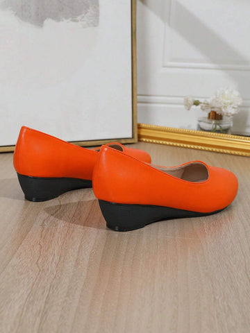 Women's Mid-Heel Pumps, Fashion Comfortable Daily Wear Leather Chunky Heel Round Toe Slip-On