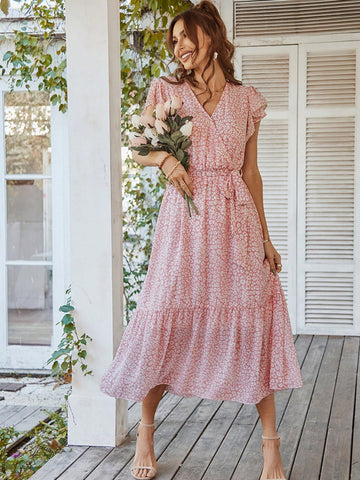 Women's Midlength Dress With Petite Floral Print, Ribbon Tie & Ruffled Hem
