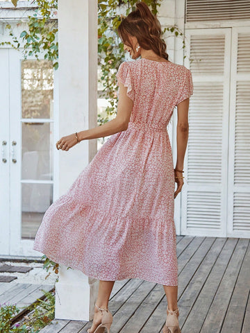 Women's Midlength Dress With Petite Floral Print, Ribbon Tie & Ruffled Hem
