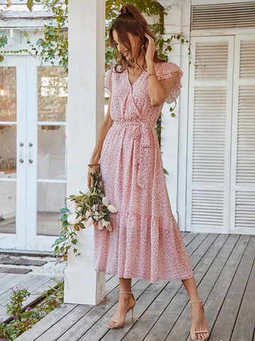 Women's Midlength Dress With Petite Floral Print, Ribbon Tie & Ruffled Hem