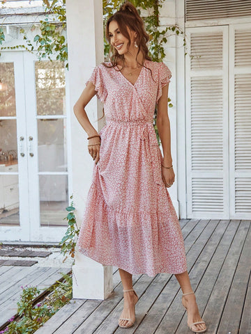 Women's Midlength Dress With Petite Floral Print, Ribbon Tie & Ruffled Hem