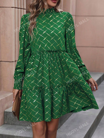 Women's Mini Ruffle Trim Stand Collar Elegant Dress