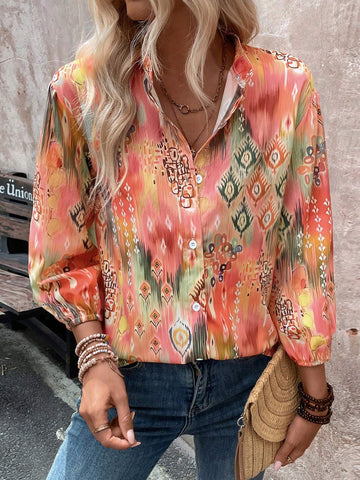 Women's Minimalist Daily Buttoned Shirt, Random Printed Design