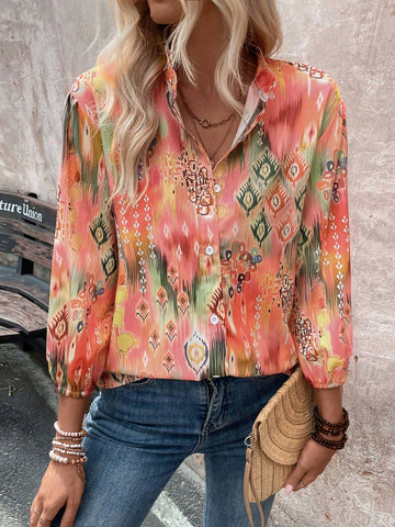 Women's Minimalist Daily Buttoned Shirt, Random Printed Design