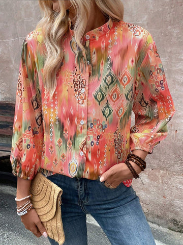 Women's Minimalist Daily Buttoned Shirt, Random Printed Design