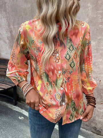 Women's Minimalist Daily Buttoned Shirt, Random Printed Design
