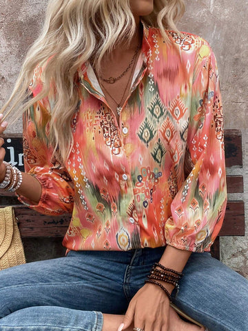 Women's Minimalist Daily Buttoned Shirt, Random Printed Design