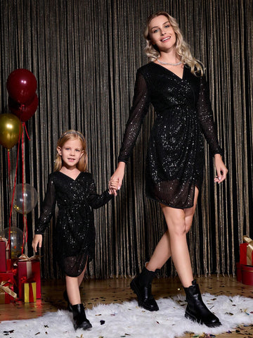 Women's Mother's Sequin Embellished Long Sleeve V-Neck A-Line Cocktail Dress, Holiday Elegant Party Wear, Black, New Autumn/Winter