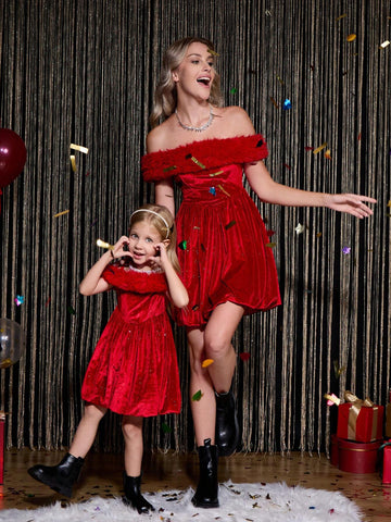 Women's New Birthday Party High-End Waist-Cinching A-Line Dress, Plush Sleeveless Rhinestone Mini Dress, Red Glitter Plush Mommy And Me Matching Outfits (2 Pieces Sold Separately)