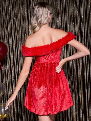 Women's New Birthday Party High-End Waist-Cinching A-Line Dress, Plush Sleeveless Rhinestone Mini Dress, Red Glitter Plush Mommy And Me Matching Outfits (2 Pieces Sold Separately)