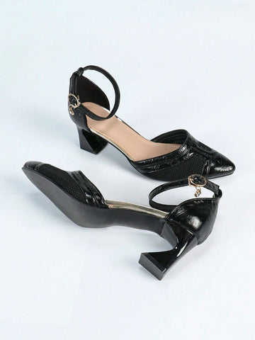 Women's New Fashion Black Mesh Breathable Hollow Mid-Heel Pointed Toe Pumps, Office Commute