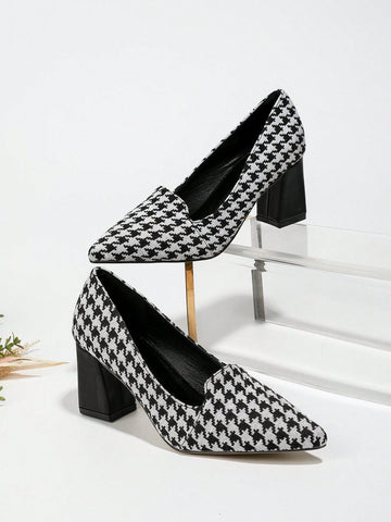 Women's New Fashion Elegant Houndstooth Pattern Thick Heel