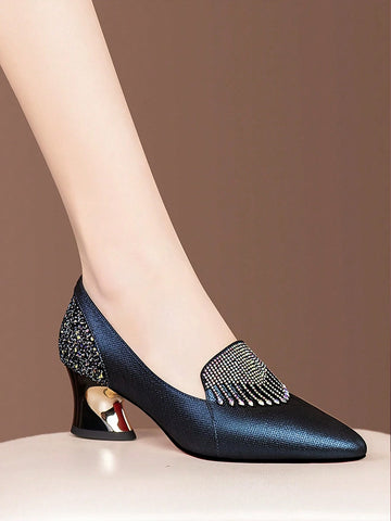 Women's New High Heel Shoes Rhinestone Blue Red Pointed Toe Thick Heel Pumps