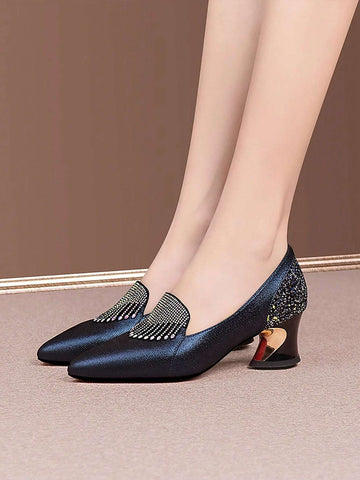Women's New High Heel Shoes Rhinestone Blue Red Pointed Toe Thick Heel Pumps