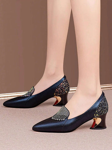 Women's New High Heel Shoes Rhinestone Blue Red Pointed Toe Thick Heel Pumps
