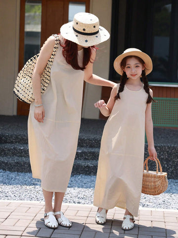 Women's New Korean Style Loose Lazy Elegant White Patchwork Round-Neck Sleeveless Dress, Suitable For Daily Wear, Part Of Matching Outfits (2 Pieces Sold Separately)