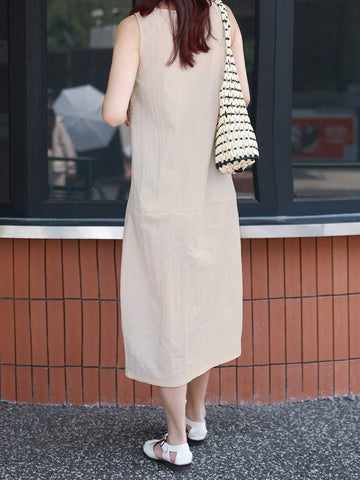 Women's New Korean Style Loose Lazy Elegant White Patchwork Round-Neck Sleeveless Dress, Suitable For Daily Wear, Part Of Matching Outfits (2 Pieces Sold Separately)