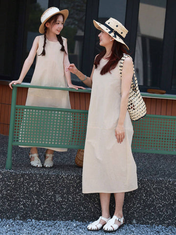 Women's New Korean Style Loose Lazy Elegant White Patchwork Round-Neck Sleeveless Dress, Suitable For Daily Wear, Part Of Matching Outfits (2 Pieces Sold Separately)