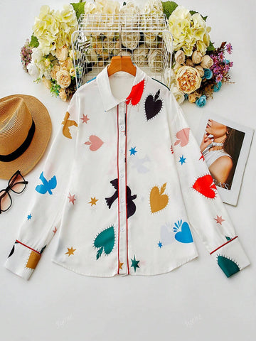Women's New Long Sleeve Shirt, Heart And Star Print Fashion Red Trim Casual Collar Cardigan Top
