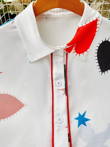 Women's New Long Sleeve Shirt, Heart And Star Print Fashion Red Trim Casual Collar Cardigan Top